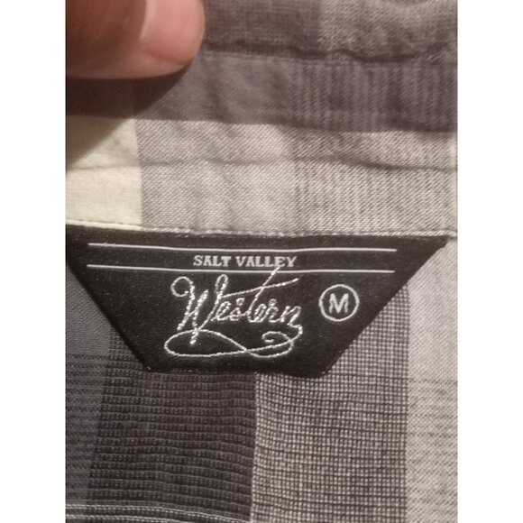 Salt Valley Western Shirt Medium M Gray Button Up Pearl Snap Plaid Pockets Mens - Picture 8 of 12